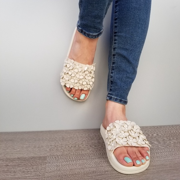 Beige Slider Sandal Flower and Pearl Accents-A - Picture 5 of 6